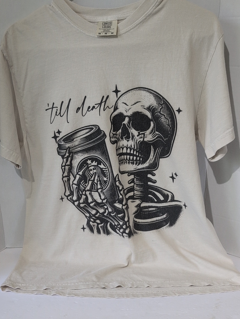 Comfort Colors Cream Short-Sleeve Tee with Black Skeleton Coffee Graphic, Med